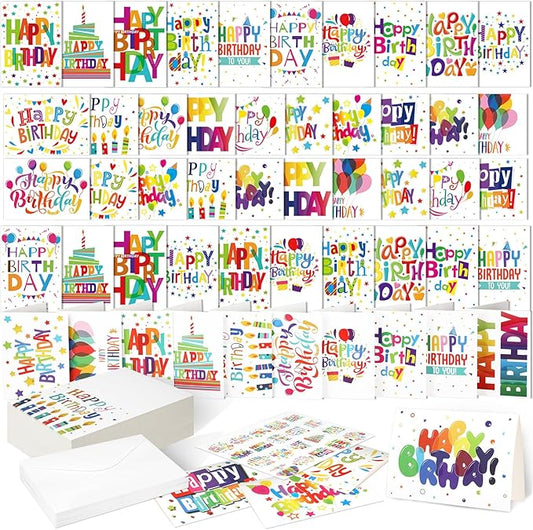 200 Set Unique Happy Birthday Card Bulk with Envelope and Sticker Blank Greeting Card Large 5 x 7 Inch Suitable for Office Kids Women Men, 20 Styles(Colorful Words)