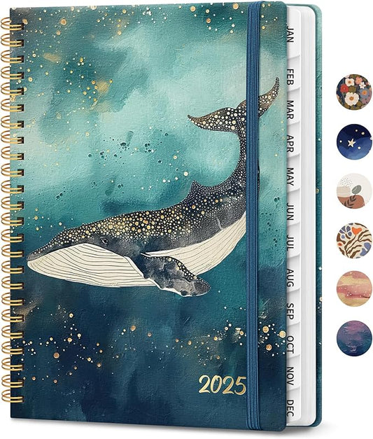 2025 Planner, Weekly and Monthly Planner, 12 Month (Jan 2025 - Dec 2025), Hardcover 2025 Calendar Planner Book with Monthly Tabs, Inner Pocket, Spiral Bound, Perfect for Office Home School Supplies - A5 (6.3" x 8.5"), Whale