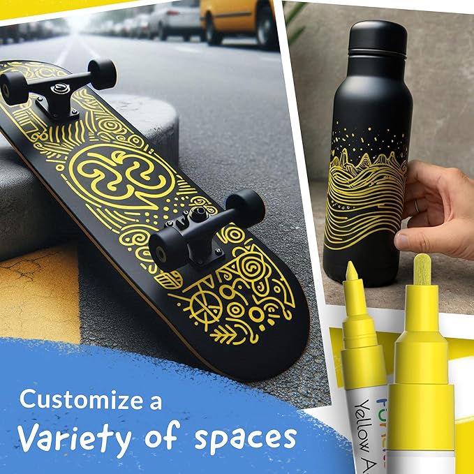 5 Acrylic Yellow Paint Pen - Extra Fine Tip, Thin & Jumbo (1mm, 3mm, 6mm, 10mm, 15mm) - Yellow Paint Marker for Metal, Fabric, Canvas, Wood, Rock Painting, Glass Markers, Water-based ink