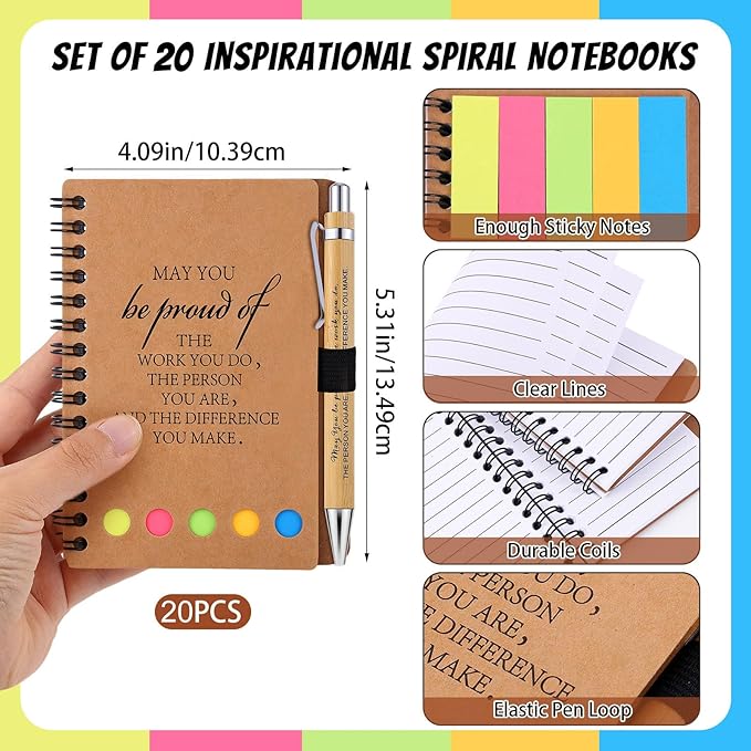 20 Sets Employee Appreciation Gifts Inspirational Spiral Notebooks with Sticky Notes Notepads Motivational Bamboo Ballpoint Pens for Nurse Coworker Teacher (MAY YOU)
