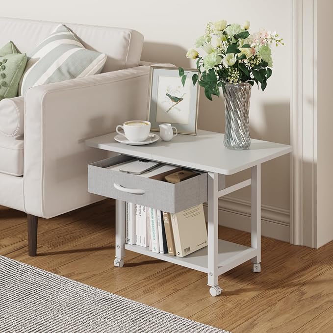 22"x15" Large Printer Stand with Storage Drawer, 2-Tier Under Desk Printer Table for Home Office, Printer Cart fit Fax Machine/3D Printer/Scanner(White)