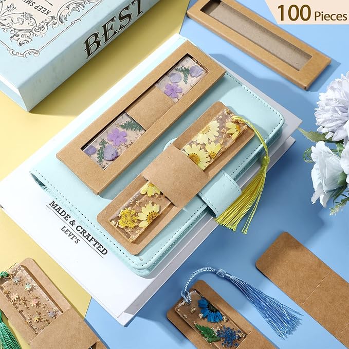 50 Set Kraft Bookmark Sleeves Resin Bookmark Holder 5.9 x 1.8'' Bookmark Cardboard Gift Boxes DIY Bookmark Blank Display Cards for Bookmark Wrapping Gift Supplies (Brown)