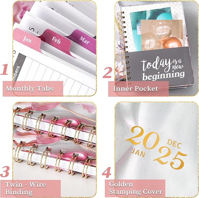 2025 Planner - 2025 Planner Weekly and Monthly with Tabs, Jan. 2025 - Dec. 2025, Calendar Planner 2025, 6.3" x 8.4", Hardcover with Back Pocket + Thick Paper - Pink Flower