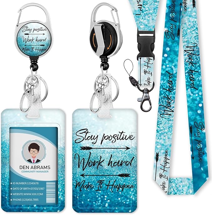 Lanyards for Id Badges, Positive Badge Holder with Retractable Reel Clip, Inspirational Quote Card Name Tag Lanyard Vertical ID Card Protector Case for Women Nurse Doctor Teacher Student Blue