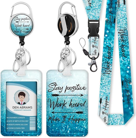 Lanyards for Id Badges, Positive Badge Holder with Retractable Reel Clip, Inspirational Quote Card Name Tag Lanyard Vertical ID Card Protector Case for Women Nurse Doctor Teacher Student Blue