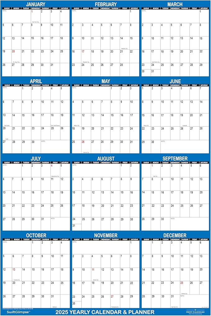 24" x 36" SwiftGlimpse 2025 Wall Calendar Erasable Large Wet & Dry Erase Laminated 12 Month Annual Yearly Wall Planner, Reversible, Horizontal/Vertical, Navy
