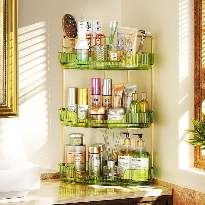 3-Tier Corner Bathroom Counter Organizer Makeup Cosmetic Storage, Tool-Free Installation Acrylic Vanity Shelf, Skin Care Organizer Perfume Tray for Countertop Bathroom, Dresser, Kitchen (Green)