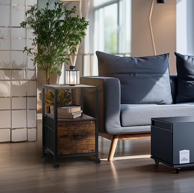 2 Tier Metal Mobile Under Desk Home Printer Stand with Storage Drawer Small File Cabinet for Home Office with Wheels Printer Tables for Small Spaces, Rustic Brown