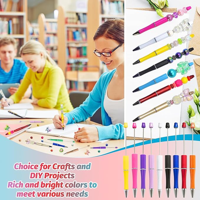 15 Pieces Beadable Pens - Beaded Pens Colourful Plastic Diy Black Ink Ballpoint Pens Bulk - Bead Pens Suitable For Teacher, Students, Office, School, Graduation Gift Supplies