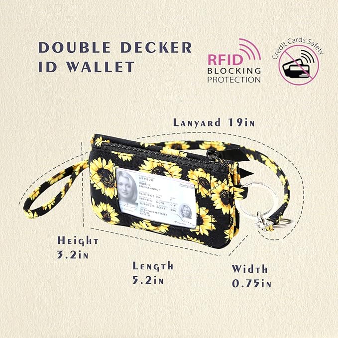 WONDERFUL FLOWER Card Holder, RFID Blocking, ID Holder with Lanyard for Women, Dual Pockets, Badge Holder, Lanyard Wallet, Fabric Keychain ID Pouch, Sunflowers