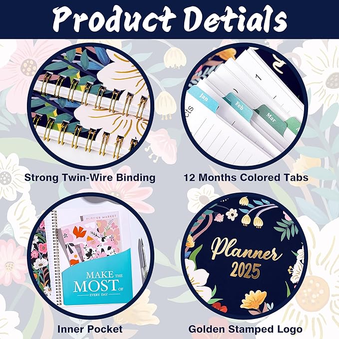 2025 Planner - 2025 Planner Weekly and Monthly, 2025 Weekly Planner 8.5 x 11, 12 Monthly Calendar Planner with Colorful Tabs, Inner Pocket and Floral Cover