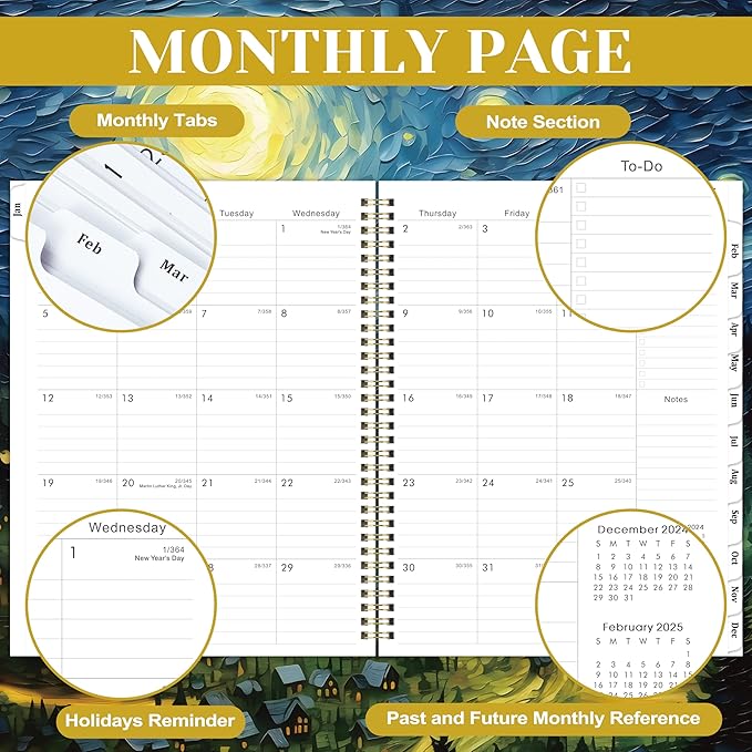 2025 Planner - Planner 2025, Jan 2025 - Dec 2025, 2025 Planner Weekly and Monthly, 8.5" x 11" 2025 Calendar Monthly Planner with Tabs& Pocket, Flexible Cover, Twin-Wire Binding- Oil Painting