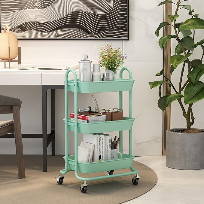 3-Tier Green Utility Rolling Cart,Kitchen Storage Carts with Wheels,Green Metal Rolling Cart for Office,Home,Kitchen,Garden（18"x11.4"x31.2"）