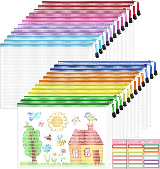 24pcs Mesh Bags With Zipper, A4 Zippered Pouch, Clear Pouches With Zipper, 8 Colors Mesh Zip Bags, Plastic Bags With Zipper, Letter Size Organization Pouches for Office, File, Toys, School