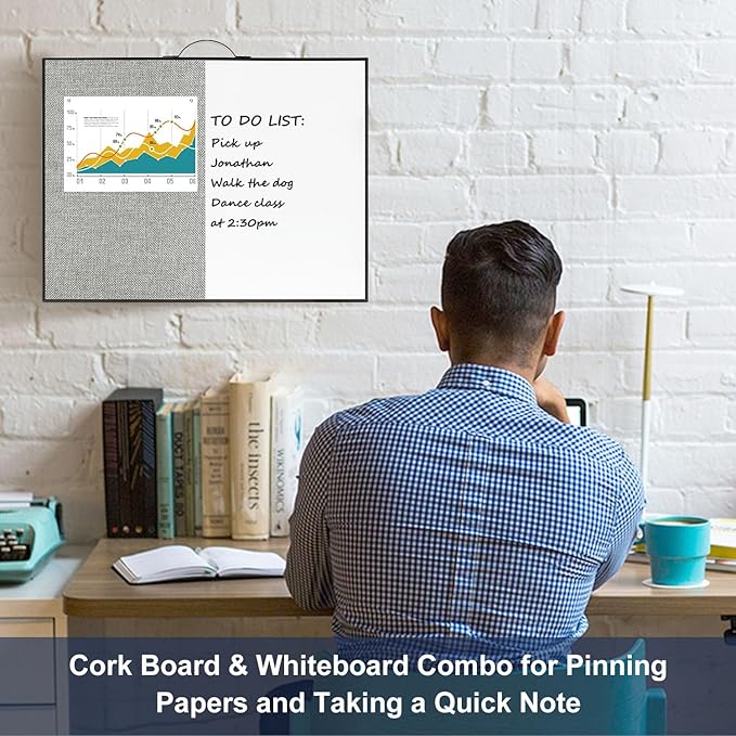 Small White Board Cork-Board Combo - 16 X 12 inches Gray Linen Board & Magnetic Dry Erase Board for Wall, Mini Bulletin Cork Board with Holder for Office, Home and School