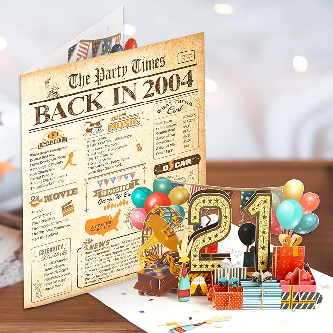 21st Birthday Card for Girls Boys, 3D Pop Up 21st Birthday Gifts Cards, Happy 21 Birthdays Decorations for 21 Year Old Son Daughter, Funny Back In 2004, Classy Vintage