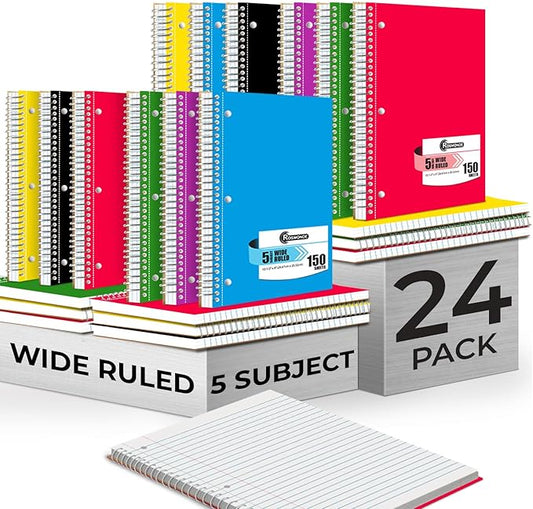 24 Pack Spiral Notebook, 5 Subject, 300 Pages/Book (150 Sheets), Wide Ruled, 8 x 10-1/2, Office Spiral Notebooks, Bulk Subject Notebooks for Students & School, Soft Cover, Assorted Colors