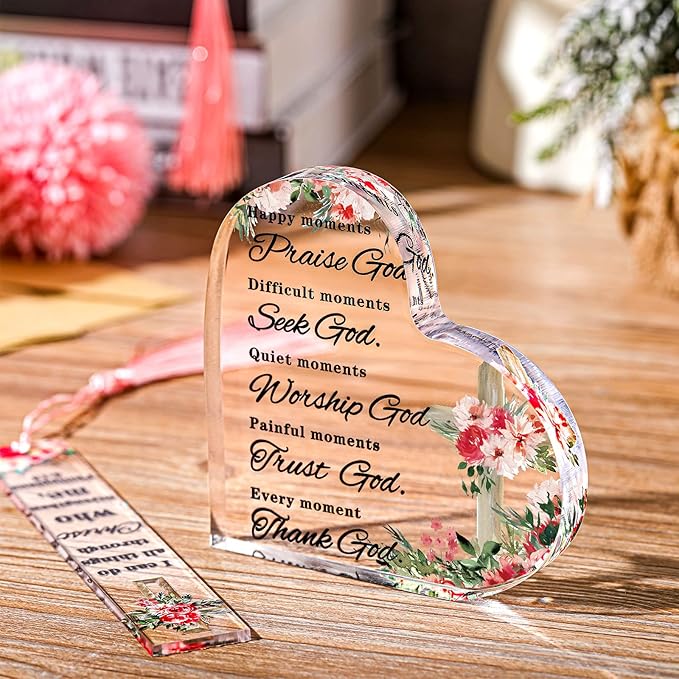 3 Pieces Christian Gifts for Women Religious Gifts for Women Praise God Bookmark and Acrylic Heart Paperweight Set Cheer up Gifts for Women Bible Verses Decor Happy Moment Praise God Decor