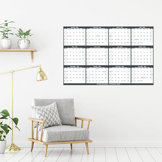 2024 Dry Erase Calendar – Large Yearly Wall calendar 2024, 38.2'' x 25.2'', 2-Side Reversible Calendar 2024, Vertical/Horizontal, Jan 2024 – Dec 2024, 2024 Wall Calendar with Notes, Stickers - Grey
