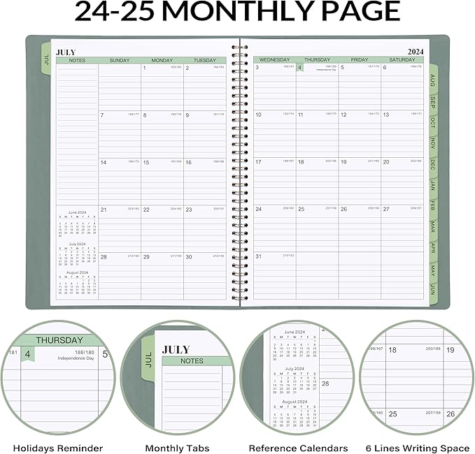 2024-2025 Planner - 11.38'' x 8.74'', Weekly & Monthly Planner Notepad,JUL 2024 - JUN 2025, Appointment Book, 60 Minutes Intervals, Monthly Tabs, Faux Soft Leather, Spiral Bound, Back Pockets - Green