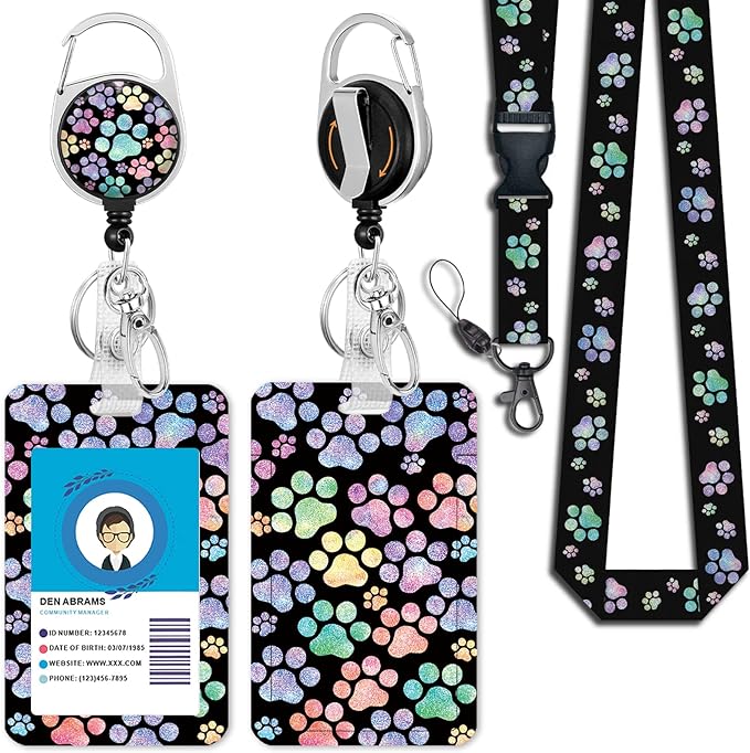 Puppy Dog Paw Lanyards for Id Badges, Cute Retractable ID Badge Holder with Detachable Lanyard, Fashionable Badge Reel Heavy Duty with 360 Degrees Rotate Carabiner Clip, Nurse Teacher Office Gifts