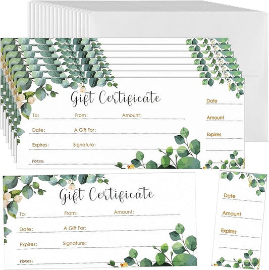 50 Sets Gift Certificate for Business with 50 Pcs Envelopes Blank Gift Certificate Cards with Name and Address Rustic for Beauty Salon Restaurants Birthday Client (Eucalyptus Leaves,4.72 x 2.36 Inch)