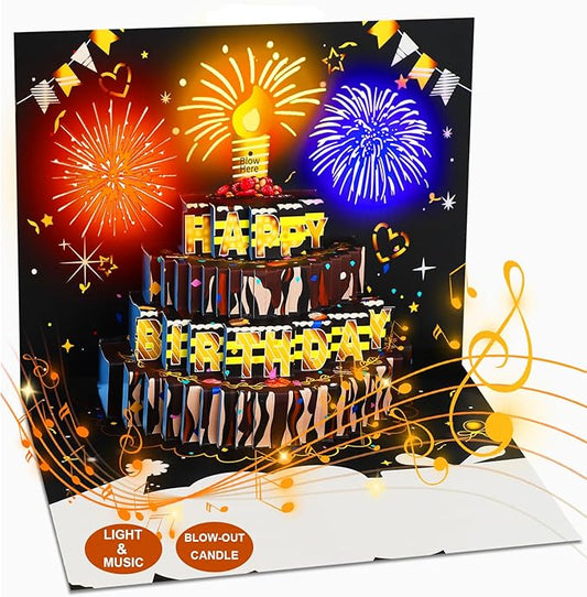 3D Pop-Up Birthday Card with LED Lights & Blowable Candle – Interactive Music Greeting Card for Women, Men, Kids Black