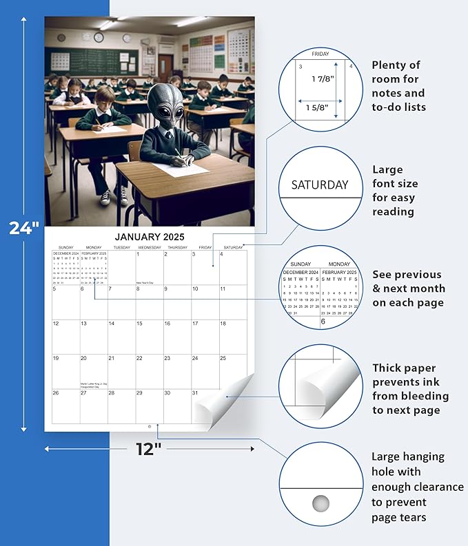 2025 Aliens in Our Midst Monthly Wall Calendar - What Life Would be Like if Aliens Lived Among Us - Aliens Doing Funny Things | 12" x 24" | Thick Sturdy Paper | White Elephant or Gag Gift Funny Calendar 2024-2025.
