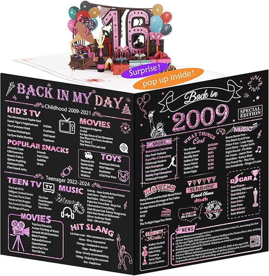 16th Birthday Card for Girls Her, Jumbo 3D Pop Up Sweet 16th Birthday Gifts Cards, Back In 2009 Happy 16 Year Old Birthday Decorations Cards Card for Daughter Granddaughter, Rose Gold