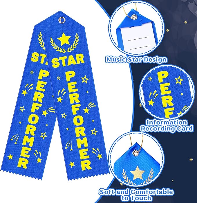 50 Pcs Star Performer Award Ribbons 8 x 2 Inches Blue Performer Ribbons with Cards and Strings Performance Prizes Bookmark Style Awards for Stage Competitions Class Activities