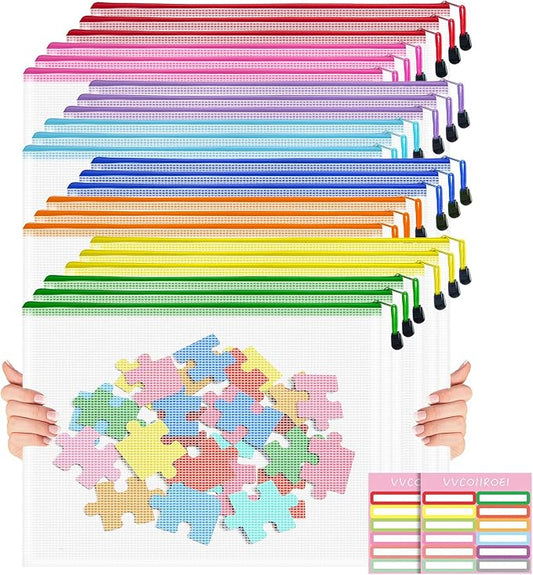24pcs Board Games Storage Bags, A3 17x12 Inches Zipper Pouch, Puzzle Bags, Large Reusable Ziploc Bags, 8 Colors Zipper Bags for Organizing, Plastic Mesh Bags, Zipper Bags for Toys, Office