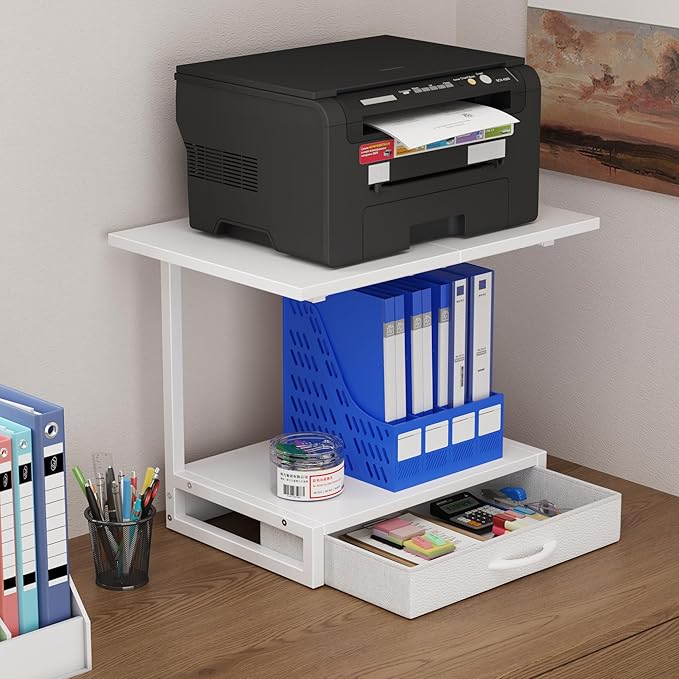 2-Tier Desktop Printer Stand with Fabric Drawer, Prtiner Table with Storage Shelf, Desk Organizer for Home Office,3D Printer,Fax Machine,Scanner, 19.6"x14.9" White