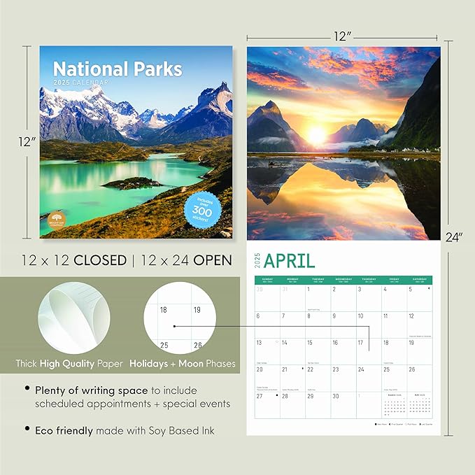 2025 National Parks Monthly Wall Calendar by Bright Day, Includes Over 300 Stickers, 12 x 12 Inch