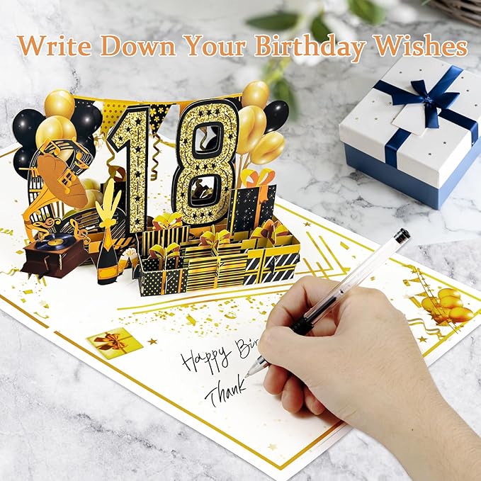18th Birthday Card for Men Women, 3D Pop Up 18th Birthday Gifts Cards for Him Her, Back In 2007 Funny 18 Year Old Birthday Decorations, Black Gold