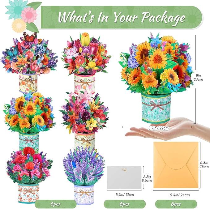 6 Pack Paper Flower Pop Up Cards, Flower Bouquet Card Popup 3D Greeting Cards for Mother's Day, Graduation, Anniversary, Birthday, Congratulations, Get Well, Home Decor, with Envelope and Note
