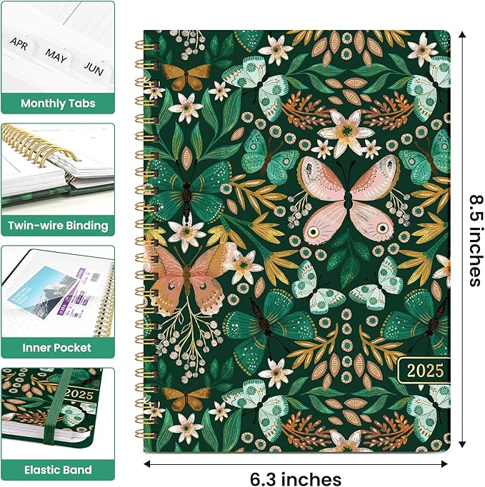 2025 Planner Weekly and Monthly, Jan 2025 - Dec 2025, Hardcover 2025 Calendar Planner Book with Monthly Tabs, Inner Pocket, Aesthetic Planner 2025 for Office Home School Planning - A5 (6.3" x 8.5"), Spiral Bound, Butterfly