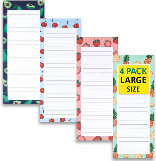 4 Large Magnetic Notepads – Big Notepads for Grocery List, Shopping List, To-Do List, Reminders -Strong Magnetic Back- Memo Pads with Realistic Fruit Designs | 60 Sheets per Pad 9 x 3.5 inch (4 Pack)