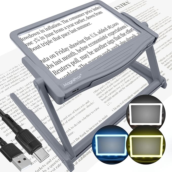 MAGNIPROS 5X [Rechargeable] LED Page Magnifier | 3 Stepless Color Light Modes | Foldable & Detachable HandsFree Stand for Easy Reading Fine Print & Crafting | Perfect for Low Vision, Seniors, Hobbyist