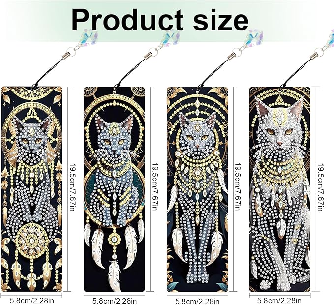 4-Piece Animal Diamond Painting Bookmarks Set for Adults – DIY 5D Rhinestone Art Bookmark Kits with Tassels, Beautiful Diamond Art Bookmarks for Crafts and Gifts, Dreamcatcher Cat