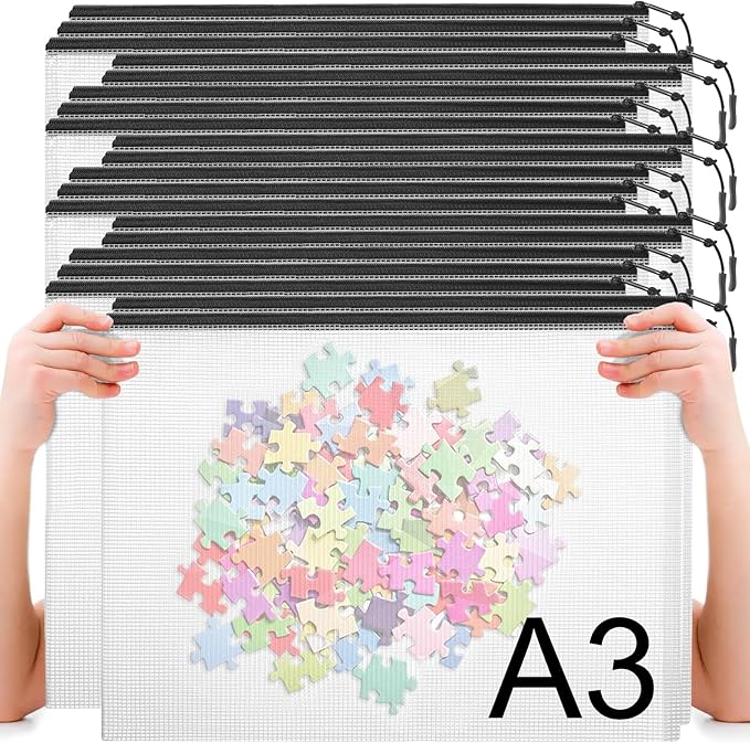 20pcs Plastic Mesh Zipper Pouch Bags, A3 17x12 Inches Extra Large Zipper Bags, Reusable Zipper Pouches for Classroom Office Supplies Organizing, Puzzles & Games, Board Game Organization