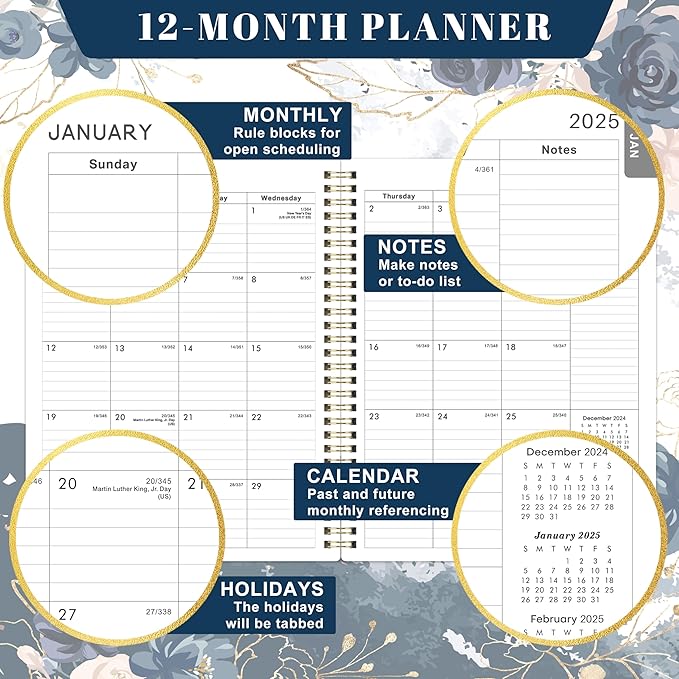 2025 Planner - JAN 2025 - DEC 2025, Planner 2025, 8" x 10", Weekly Monthly Planner 2025, Calendar Planner 2025 with Spiral Bound, Floral