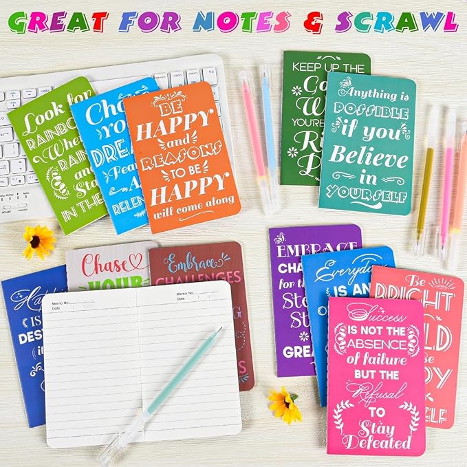 12 Pcs Mini Inspirational Notebooks Bulk with 12 Pcs Colorful Pens, Small Pocket Journal Notepads Set, Motivational Bulk Gifts for Women Men Teacher Student Kids, Fun School Office Supplies,3.5"x5.5"