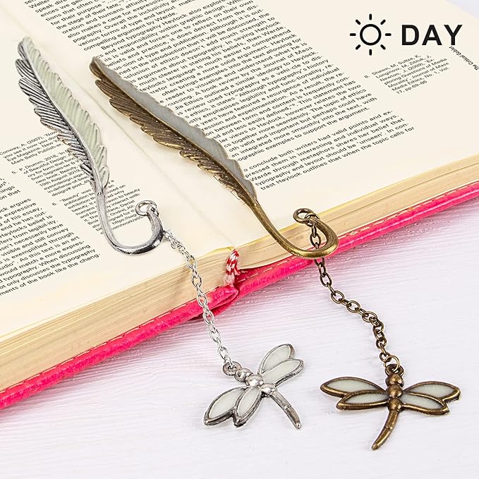 2 Pack Vintage Feather Metal Bookmark, Unique Glow in The Dark Bookmark Gift for Men Women (Dragonfly 2 Pack)