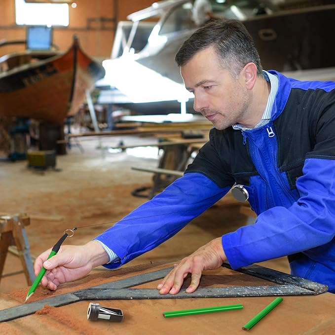 14 Pcs Carpenter Pencils, 7 Inches Flat Octagonal Hard Black Woodworking Construction Pencils Heavy Duty with Pencil Sharpener and Retractable Pencil Holder for Contractor Carpentry (Green)