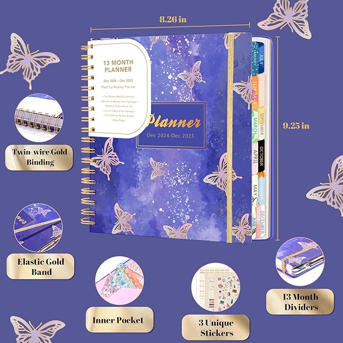 2025 Hardcover Planner Weekly and Monthly, Dec 2024–Dec 2025, Large Spiral Bound Planners 2025 for Women Gifts, 8.3" x 9.3",13 Month Calendar with 13 Tabs, 3 Sticker Sheets, Purple