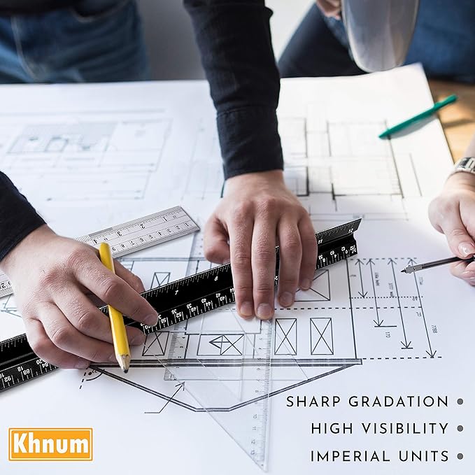 12-Inch Architectural and Engineering Scale Ruler Set (Imperial) | Laser-Etched Aluminum Triangular Drafting Tool | for Architect and Civil Engineer Blueprints | Standard Metal Ruler Included