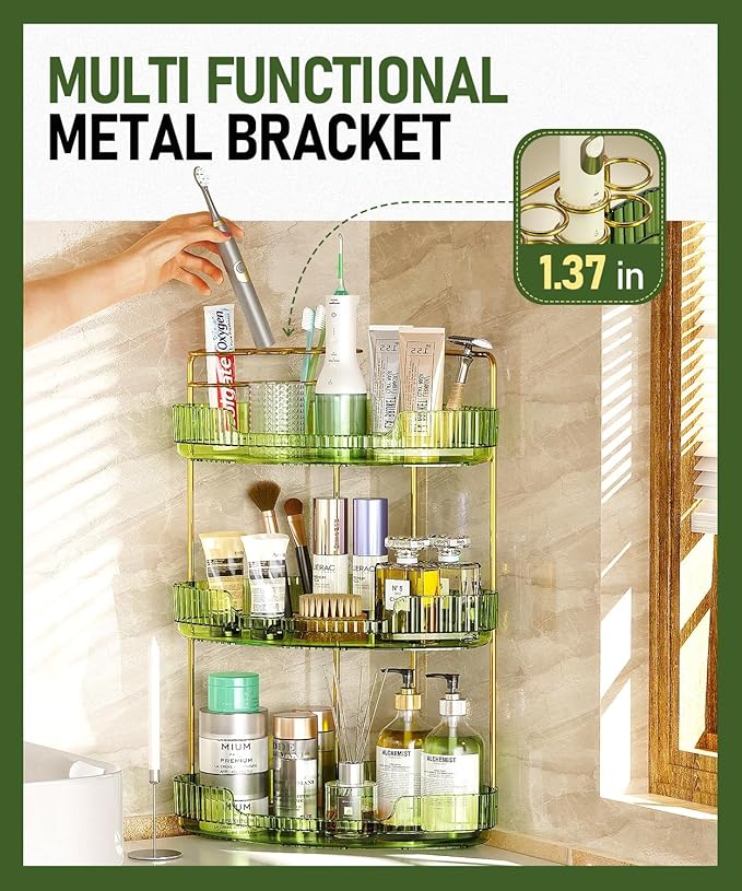 3-Tier Corner Bathroom Counter Organizer Makeup Cosmetic Storage, Tool-Free Installation Acrylic Vanity Shelf, Skin Care Organizer Perfume Tray for Countertop Bathroom, Dresser, Kitchen (Green)