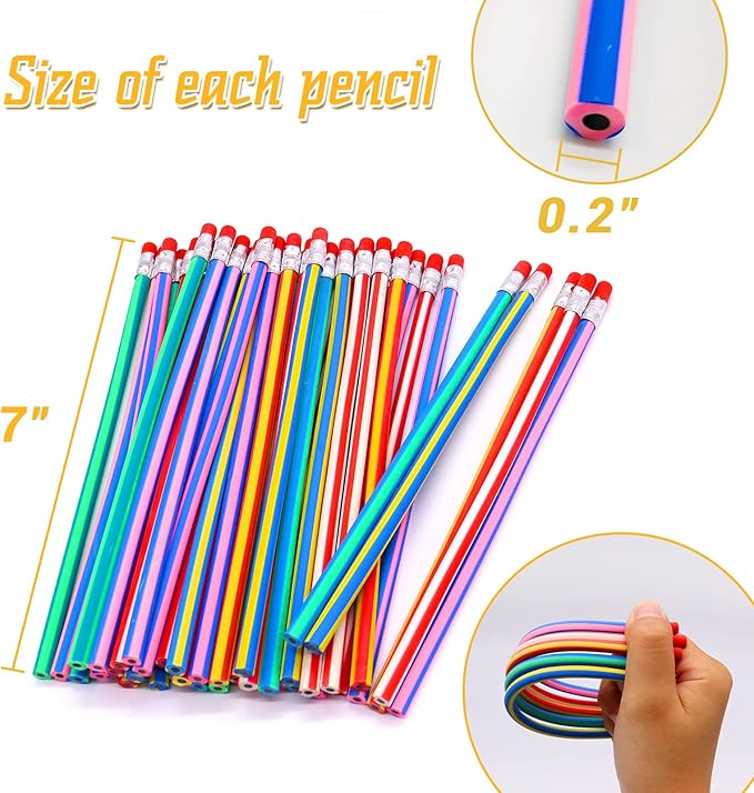 40 Pcs 7 Inch Flexible Pencils,Soft Novelty Pencil,Multi Colored Striped Soft Pencil with Eraser for Kids Gift