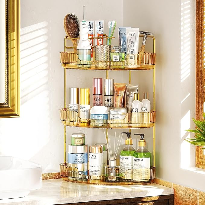 3-Tier Corner Bathroom Counter Organizer Makeup Cosmetic Storage, Tool-Free Installation Acrylic Vanity Shelf, Countertop Storage Organizers Perfume Tray for Bathroom, Dresser, Kitchen (Gold)