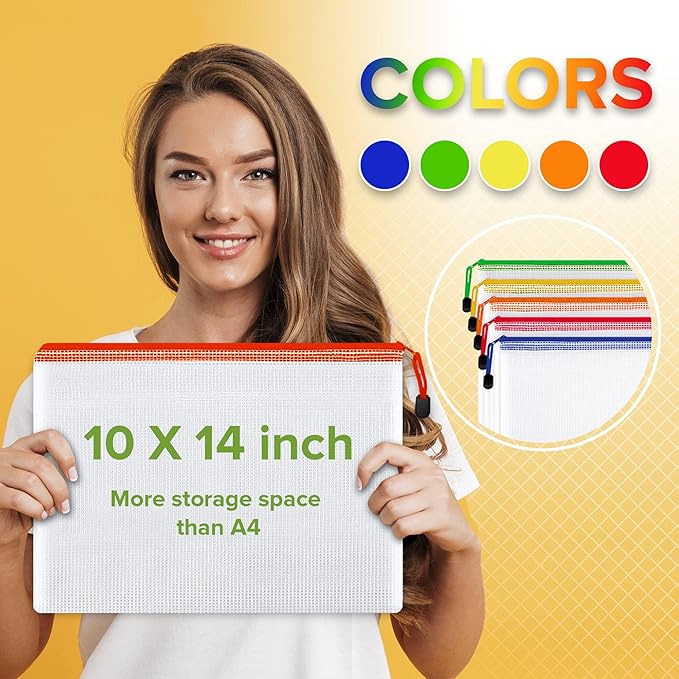 5 Pack Mesh Zipper Pouch Bags 10x14 inch - Plastic Zipper Pouches for Organizing - Document Bags With Zipper - Letter Size Zipper Pouch - Document Pouch With Zipper - Mesh Pouch With Zipper